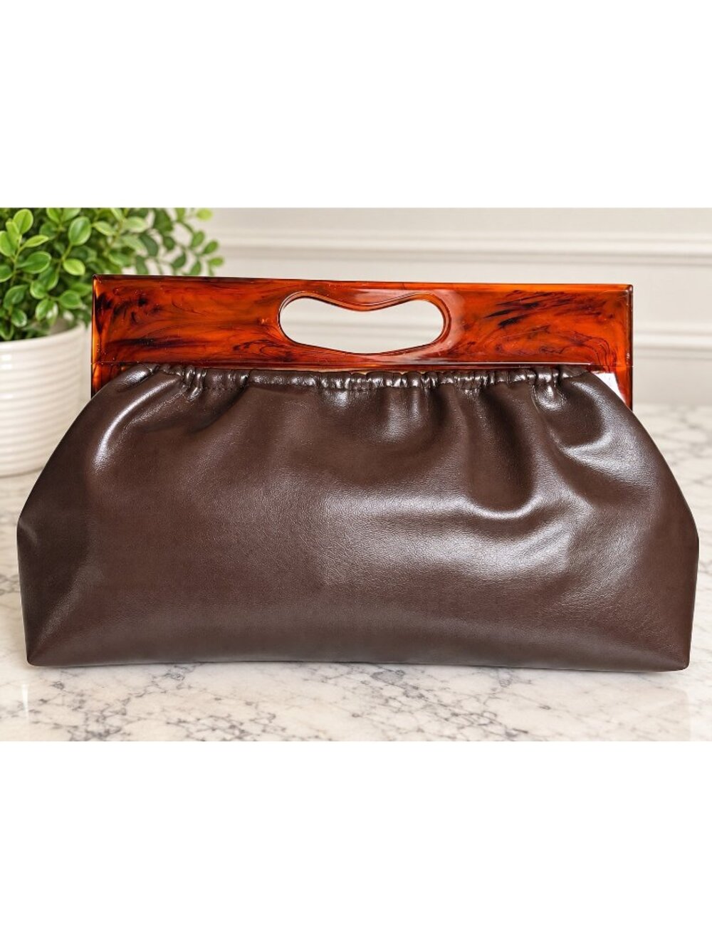 Vintage 1960s 70s Brown Clutch Handbag Amber Lucite Acrylic Handle Retro Purse